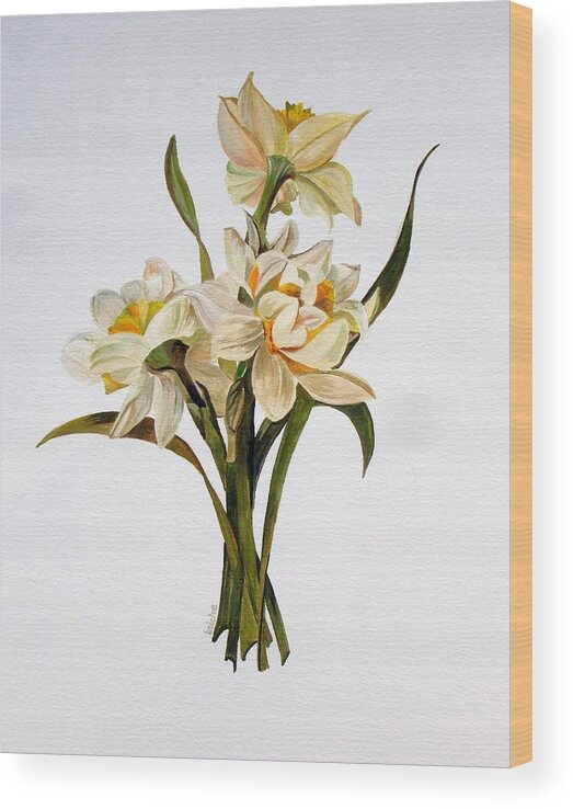 Fresh Wood Print featuring the painting Double Narcissi Spring Flower Bouquet by Taiche Acrylic Art