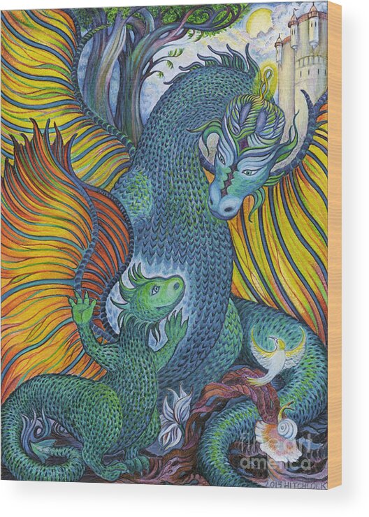 Dragon Wood Print featuring the drawing Dragon Heart by Debra Hitchcock