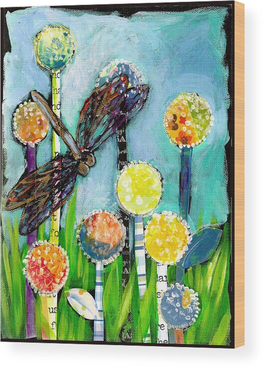 Dragonfly Wood Print featuring the painting Dragonfly and the Dandies by Shelley Overton