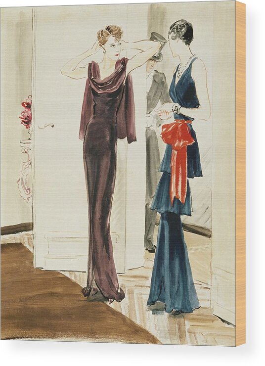Fashion Wood Print featuring the digital art Drawing Of Two Women Wearing Mainbocher Dresses by Rene Bouet-Willaumez