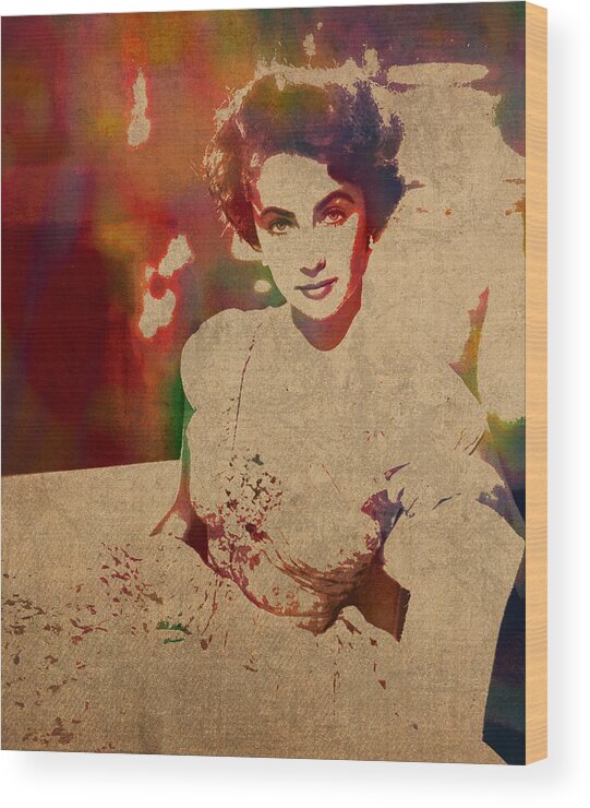 Elizabeth Taylor Wood Print featuring the mixed media Elizabeth Taylor Watercolor Portrait on Worn Distressed Canvas by Design Turnpike