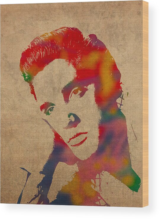 Elvis Presley Watercolor Portrait On Worn Distressed Canvas Wood Print featuring the mixed media Elvis Presley Watercolor Portrait on Worn Distressed Canvas by Design Turnpike