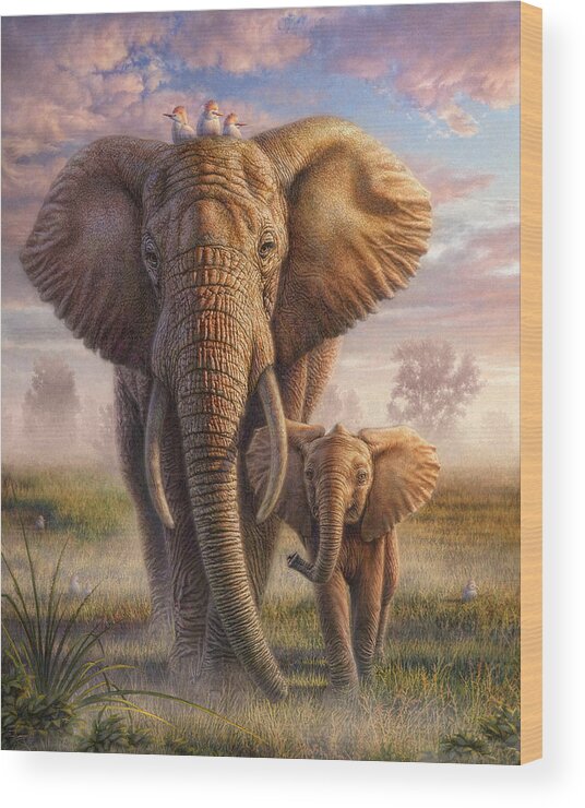 Elephant Wood Print featuring the mixed media Family Stroll by Phil Jaeger