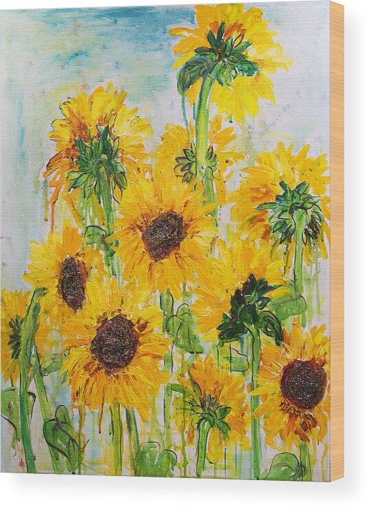 Sunflowers Wood Print featuring the painting Field of Sunflowers by Sally Quillin