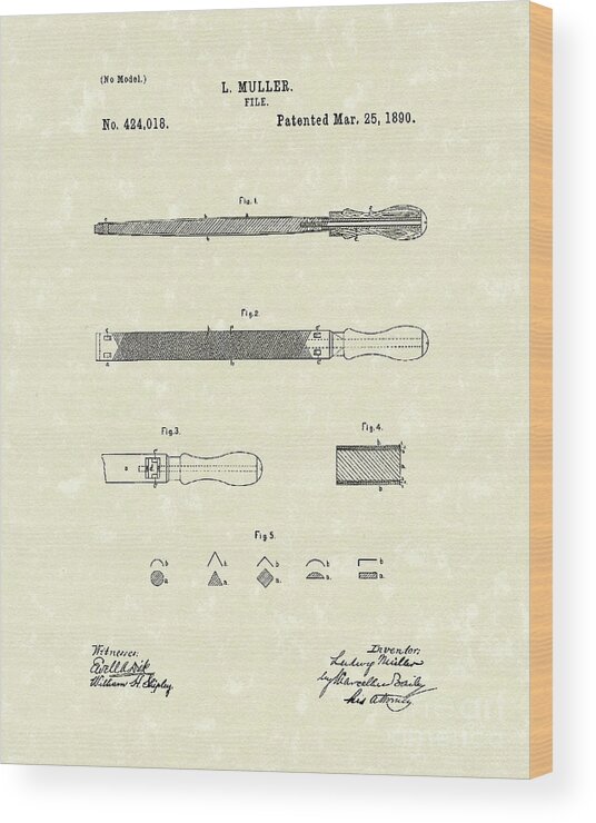 Muller Wood Print featuring the drawing File 1890 Patent Art by Prior Art Design