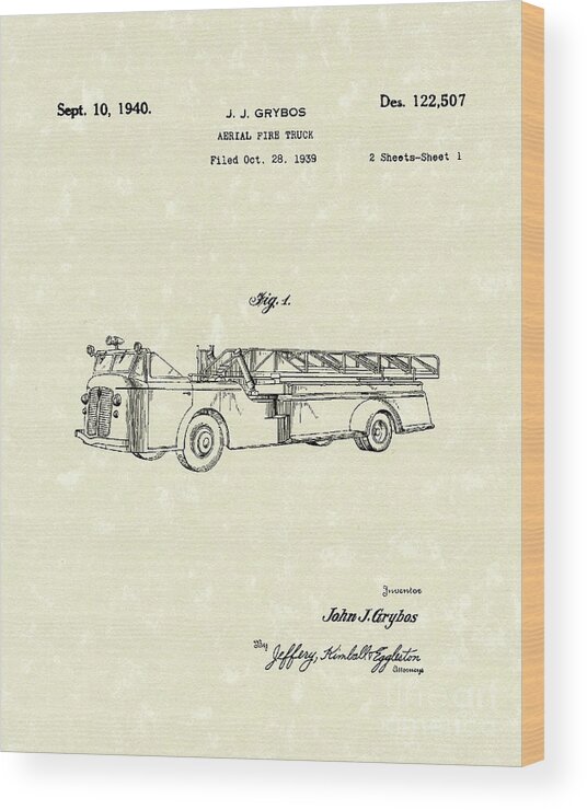 Grybos Wood Print featuring the drawing Fire Truck 1940 Patent Art by Prior Art Design