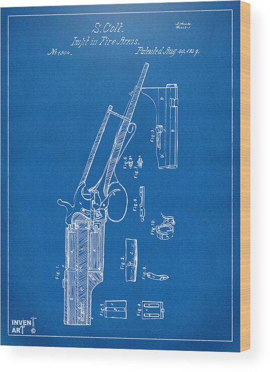 Colt Wood Print featuring the digital art 1839 Colt Revolver Patent Artwork Blueprint by Nikki Marie Smith