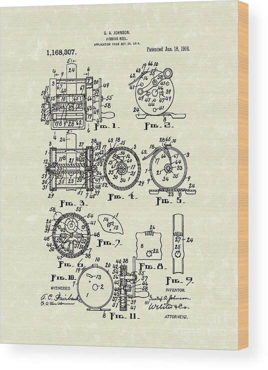 Johnson Wood Print featuring the drawing Fishing Reel 1916 Patent Art by Prior Art Design