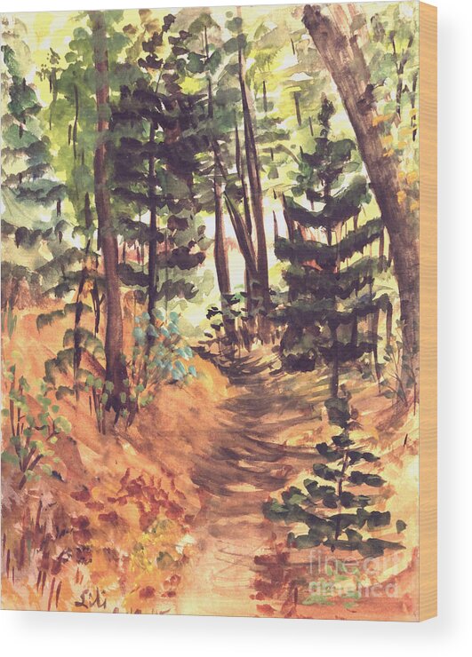 Michigan Wood Print featuring the painting Forest Trail Michigan by Art By Tolpo Collection