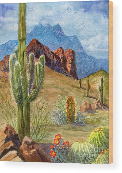 Desert Wood Print featuring the painting Four Peaks Vista by Marilyn Smith