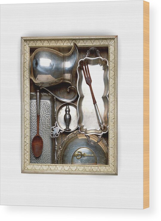 White Background Wood Print featuring the photograph Frame With Vintage Silver Kitchen Items by Jonathan Kantor