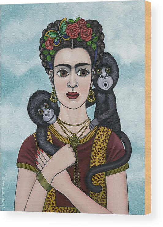 Frida Kahlo Wood Print featuring the painting Frida In The Sky by Victoria De Almeida