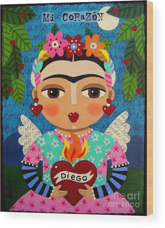 Frida Wood Print featuring the painting Frida Kahlo Angel and Flaming Heart by Andree Chevrier