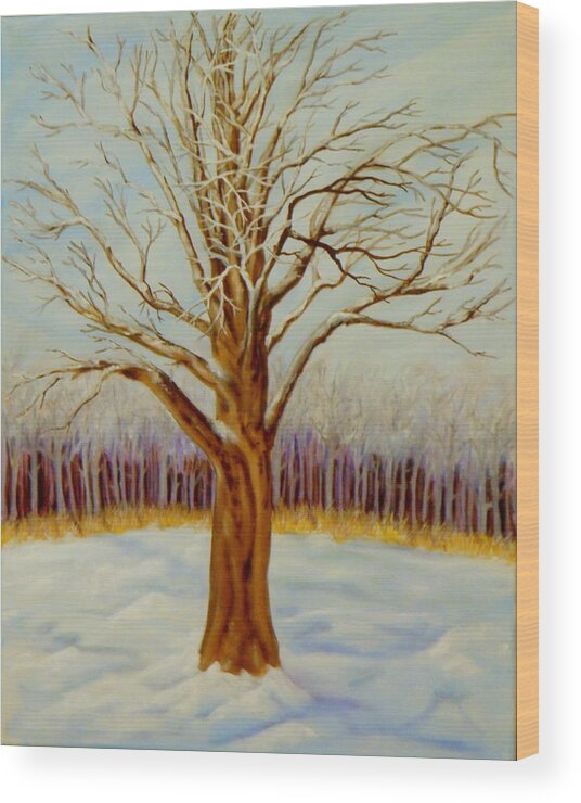 Tree Forest Oak Branches Grasses Frost Clouds Sky Snow Shadow Light Brown Yellow Blue Purple White Wood Print featuring the painting Frosty Morning by Ida Eriksen