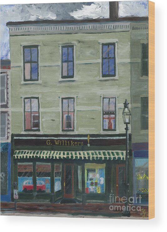 Portsmouth Shopfronts Americana #portsmouthnh #enpleinair #shopfronts Wood Print featuring the painting G. Willikers by Francois Lamothe