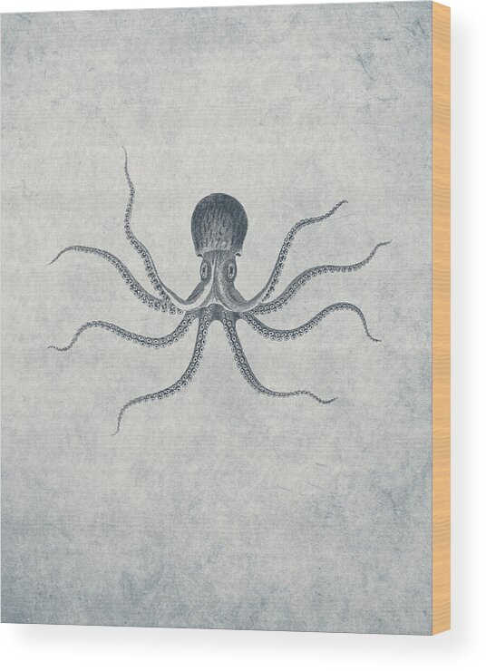 Giant Squid Wood Print featuring the drawing Giant Squid - Nautical Design by World Art Prints And Designs