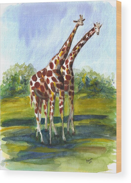 Giraffe Wood Print featuring the painting Giraffe twins by Clara Sue Beym
