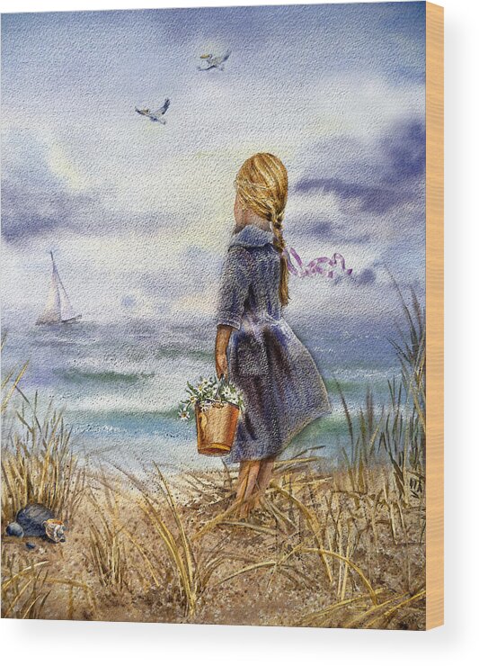 Girl Wood Print featuring the painting Girl And The Ocean by Irina Sztukowski