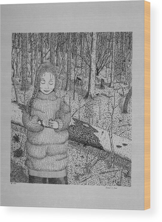 Girl Wood Print featuring the drawing Girl In The Forest by Daniel Reed