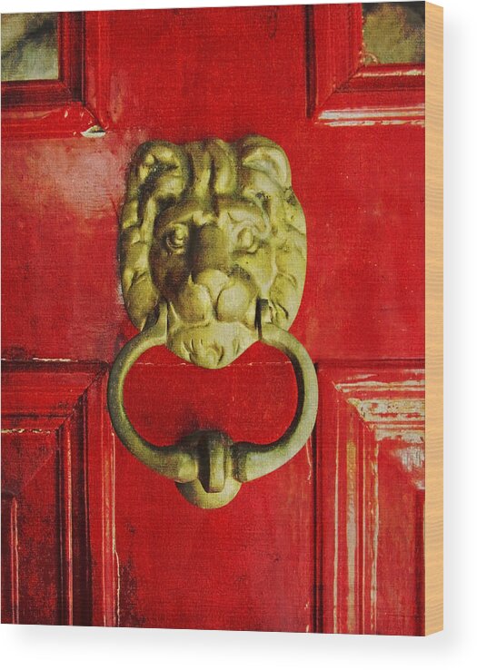 Red Wood Print featuring the photograph Golden Brass Lion on Red Door by Brooke T Ryan