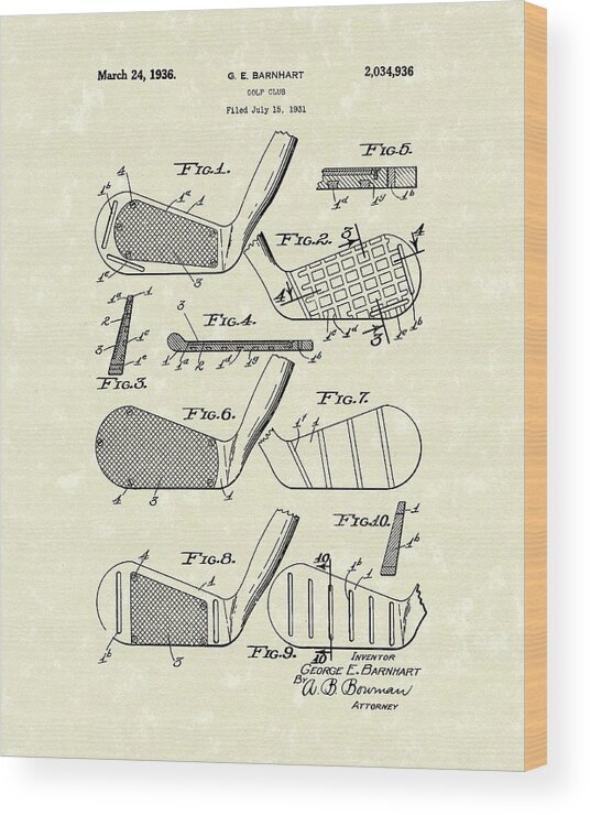 Barnhart Wood Print featuring the drawing Golf Club 1936 Patent Art by Prior Art Design