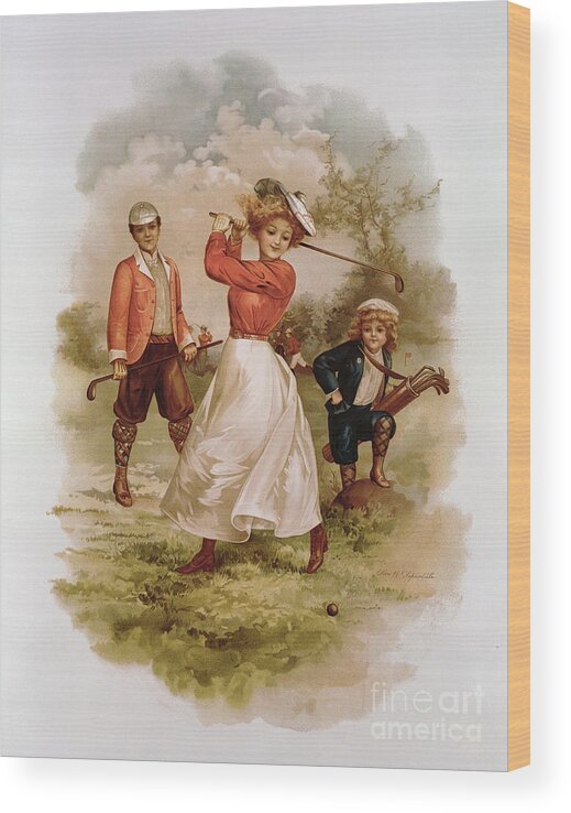 Playing; Golfers; Golfer; Player; Players; Male; Female; Couple; Child; Boy; Caddy; Family; Costume; Sport; Pastimes; Leisure; Outdoors; Game; Woman Golfer; Golf Wood Print featuring the painting Golfing by Ellen Hattie Clapsaddle