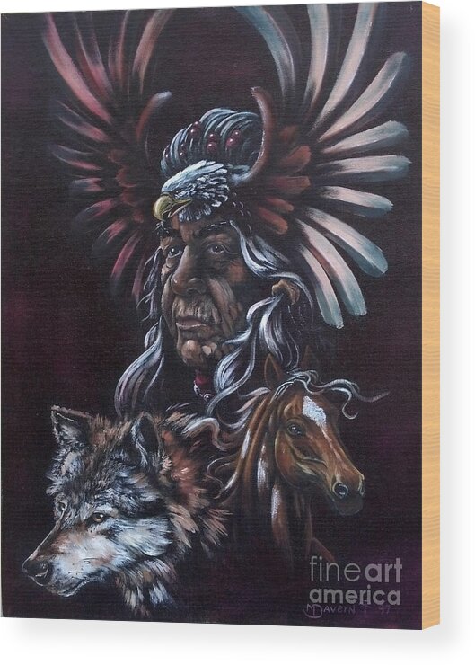 Paintthefloor mark Davern Indian Chief native American Eagle Wolf Horse Collage. Wood Print featuring the painting Great Chief by Paint The Floor