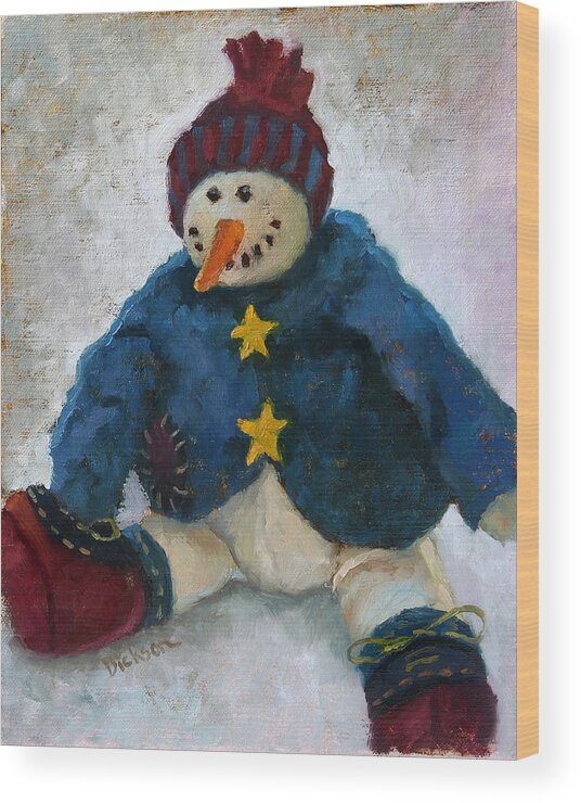 Snowman Wood Print featuring the painting Grinning Snowman by Jeff Dickson