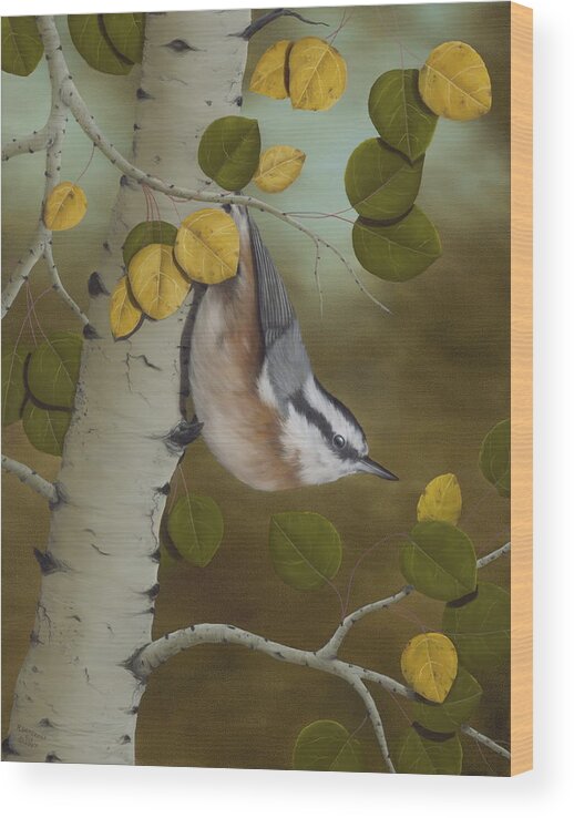 Animals Wood Print featuring the painting Hanging Around-Red Breasted Nuthatch by Rick Bainbridge