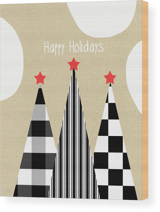 Holidays Wood Print featuring the mixed media Happy Holidays with Black and White Trees by Linda Woods