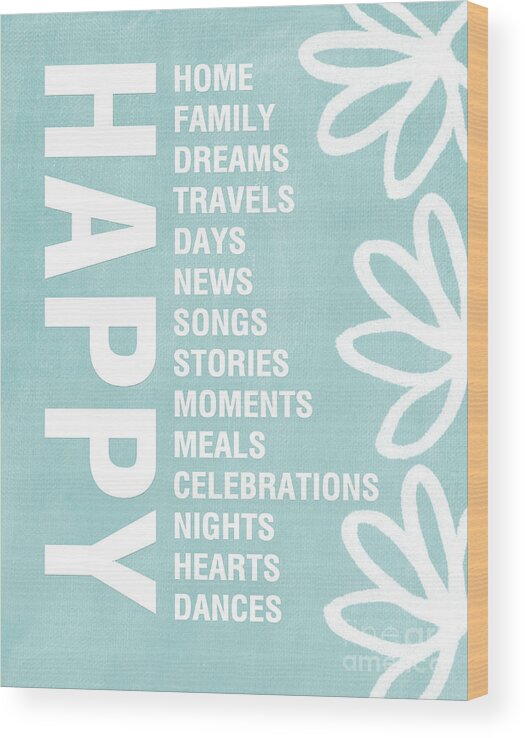 Typography Wood Print featuring the painting Happy Things Blue by Linda Woods