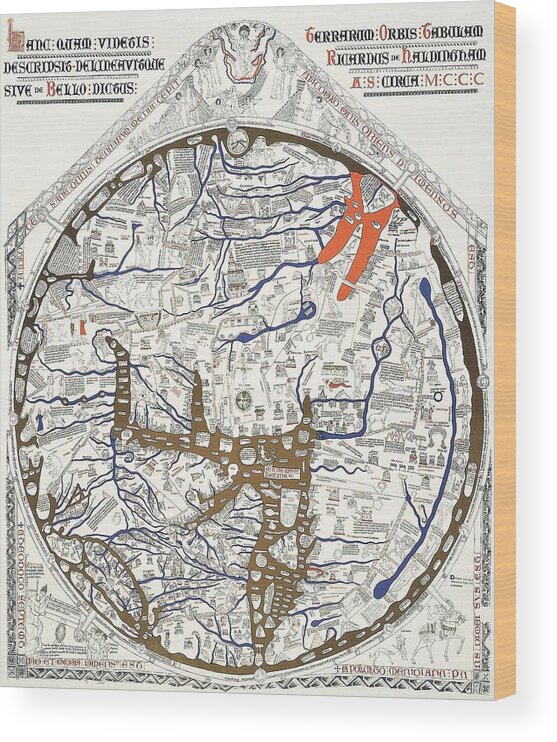 Hereford World Map: Mappa Mundi Wood Print featuring the drawing Hereford Mappa Mundi with Detail UPSZED by L Brown