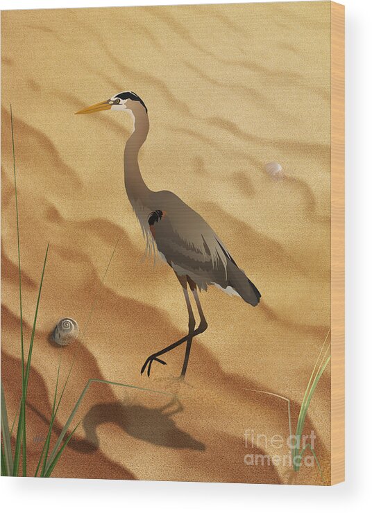 Heron Wood Print featuring the digital art Heron On Golden Sands by Peter Awax