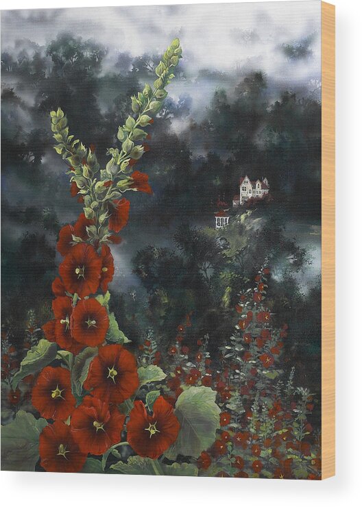 Flowers Wood Print featuring the painting Hollyhocks by Lynette Yencho