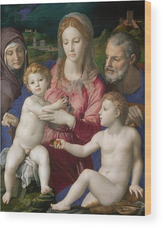 1545-1546 Wood Print featuring the painting Holy Family with St. Anne and the Infant St. John by Agnolo Bronzino