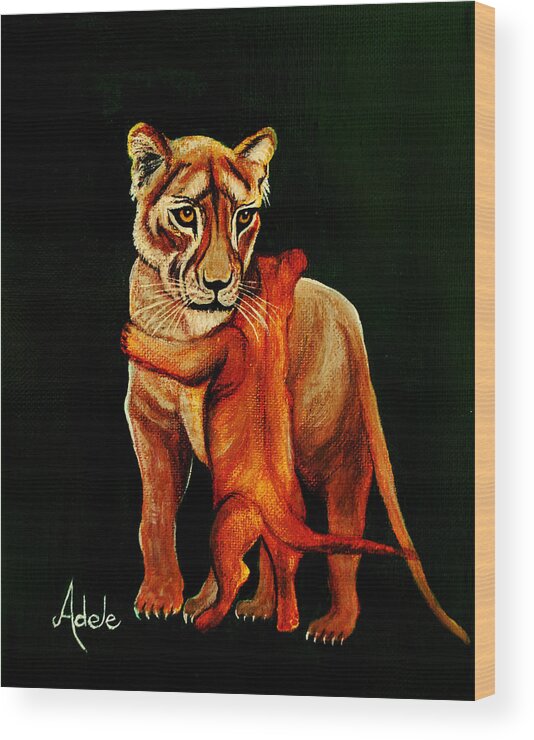 Lion Wood Print featuring the painting Hugs by Adele Moscaritolo
