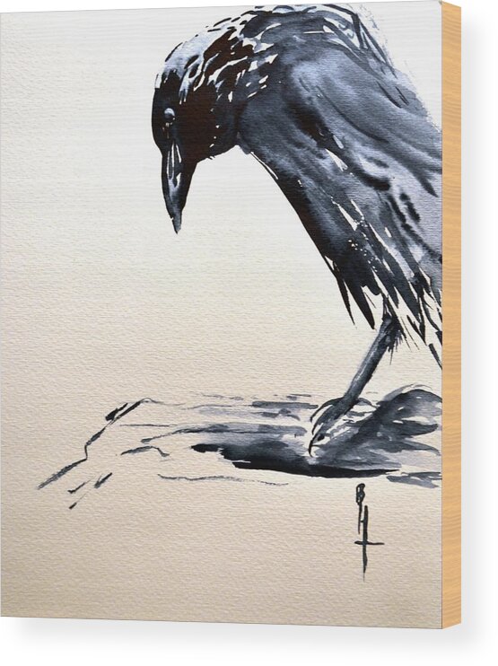 Crow Wood Print featuring the painting I Am A Crow by Beverley Harper Tinsley