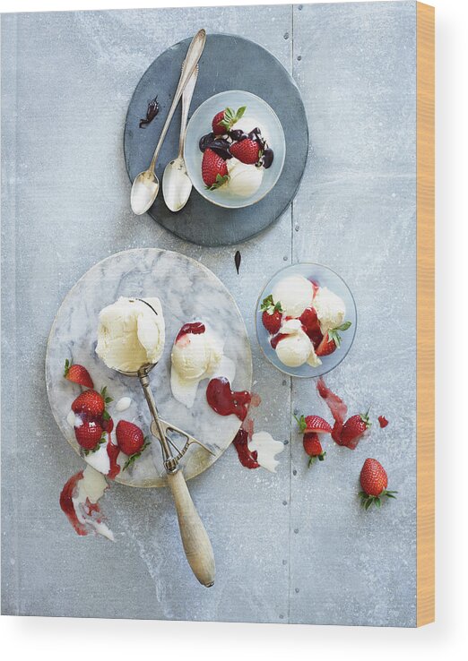 Vanilla Wood Print featuring the photograph Ice Cream With Strawberries by Annabelle Breakey