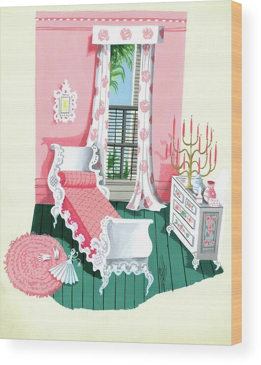 Bedroom Wood Print featuring the digital art Illustration Of A Victorian Style Pink And Green by Edna Eicke