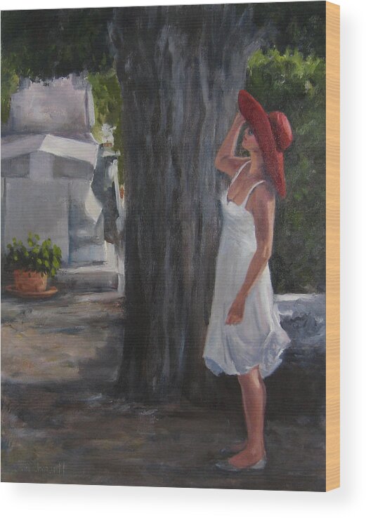 Red Hat Wood Print featuring the painting Is That a Cat? by Connie Schaertl