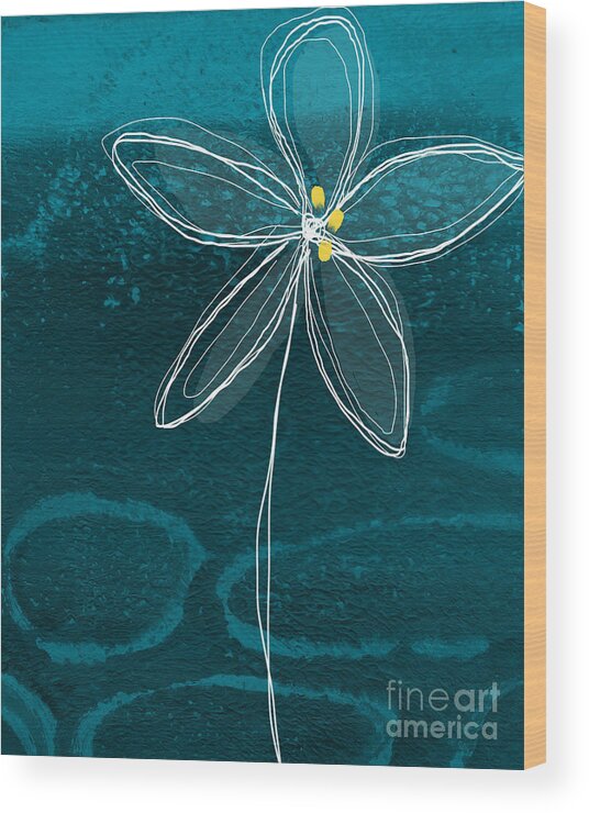 Abstract Flower Floral Botanic Garden Jasmineurban Painting Drawing Yellow White Blue Aqua Lines Circles Petals Bloom Blossom Office Lounge Studio Hotel Lobby Healthcare Hospitality living Room Bedroom Bold Wood Print featuring the painting Jasmine Flower by Linda Woods