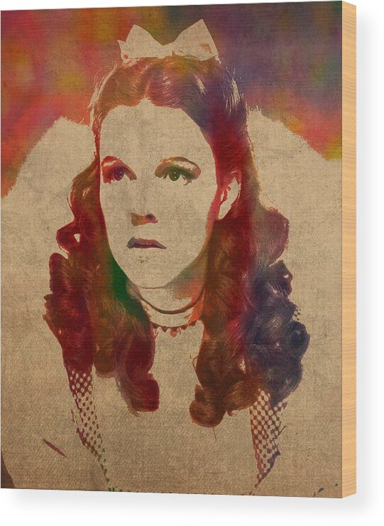 Judy Garland Wood Print featuring the mixed media Judy Garland as Dorothy Gale in Wizard of Oz Watercolor Portrait on Worn Distressed Canvas by Design Turnpike