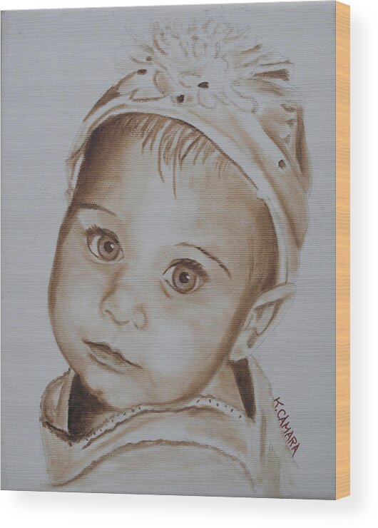 Portraits Wood Print featuring the painting Kids in Hats - Isabella by Kathie Camara