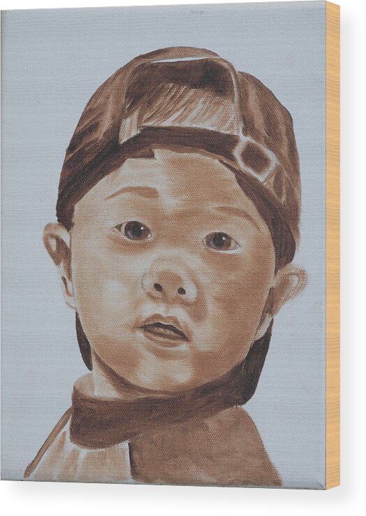 Portraits Wood Print featuring the painting Kids in Hats - Young Baseball Fan by Kathie Camara