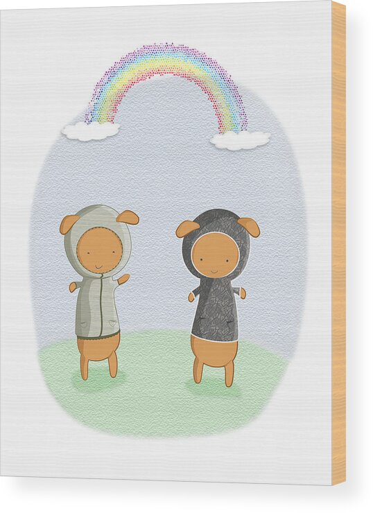 Cute Wood Print featuring the digital art Lamb Carrots Cute Friends Under a Rainbow Illustration by Lenny Carter