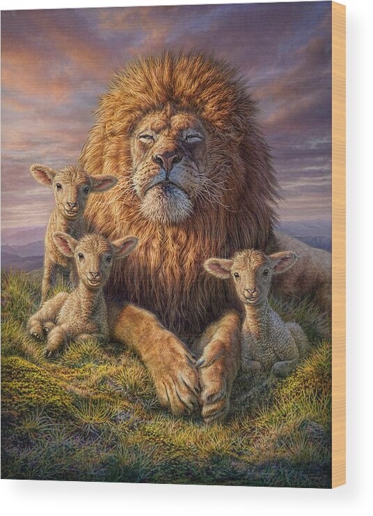 Lion Wood Print featuring the mixed media Lion and Lambs by Phil Jaeger