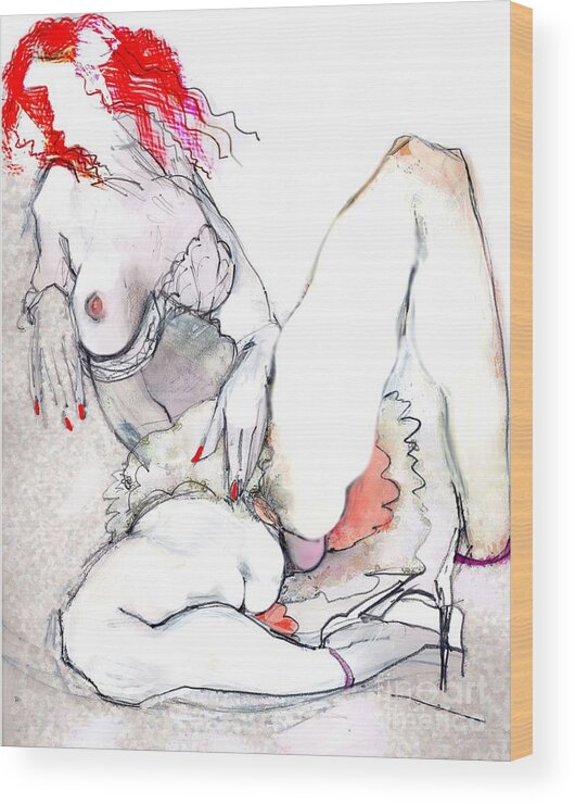 Female Nude Wood Print featuring the mixed media Long Night in White Shoes - erotic art by Carolyn Weltman