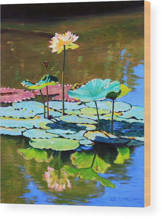 Lotus Wood Print featuring the painting Lotus Above the Lily Pads by John Lautermilch