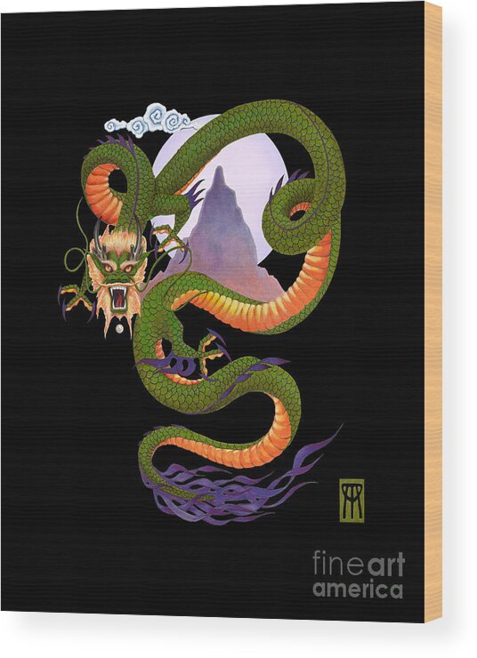 Dragon Wood Print featuring the digital art Lunar Chinese Dragon on Black by Melissa A Benson