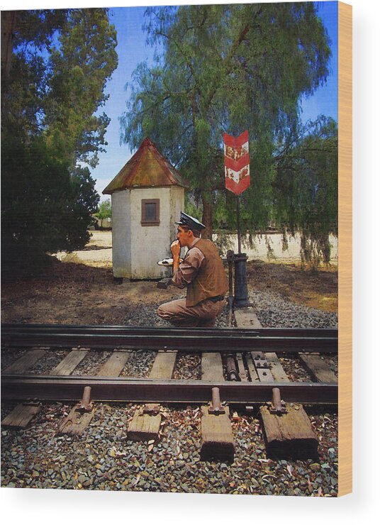 Railroad Wood Print featuring the photograph Lunch at the Switch House by Timothy Bulone